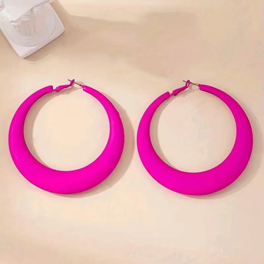 Hot Pink Hoop Earrings Retro Vocation Style Alloy - Picture 3 of 3